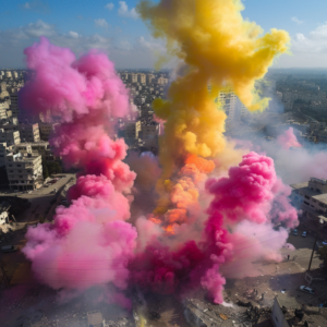 Artexplosions in a warzone pink and yellow smoke rising from a urban city.